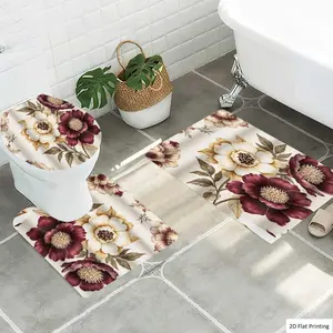 1/3Pcs Vintage Floral with Burgundy and Beige Flowers Bathroom Mat Set, Flannel Non Slip Bath Rug, Toilet U-Shape Mat, Toilet Lid Cover, Thickened Soft Absorb Water, Microfiber Surface Memory Foam Cushion, Home, Bathroom Decorative Mat