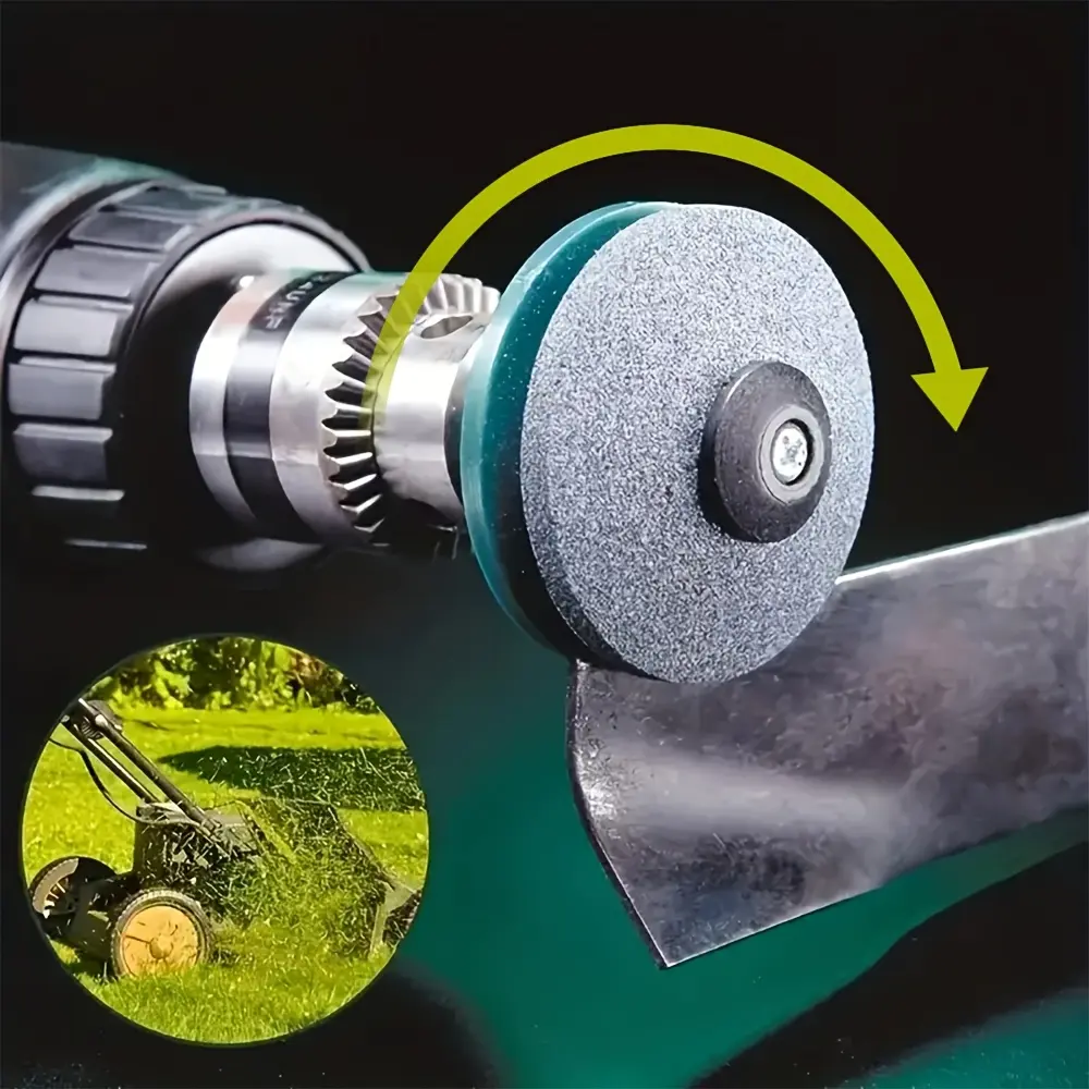 Drill powered lawn mower blade sharpener grinding a mower blade