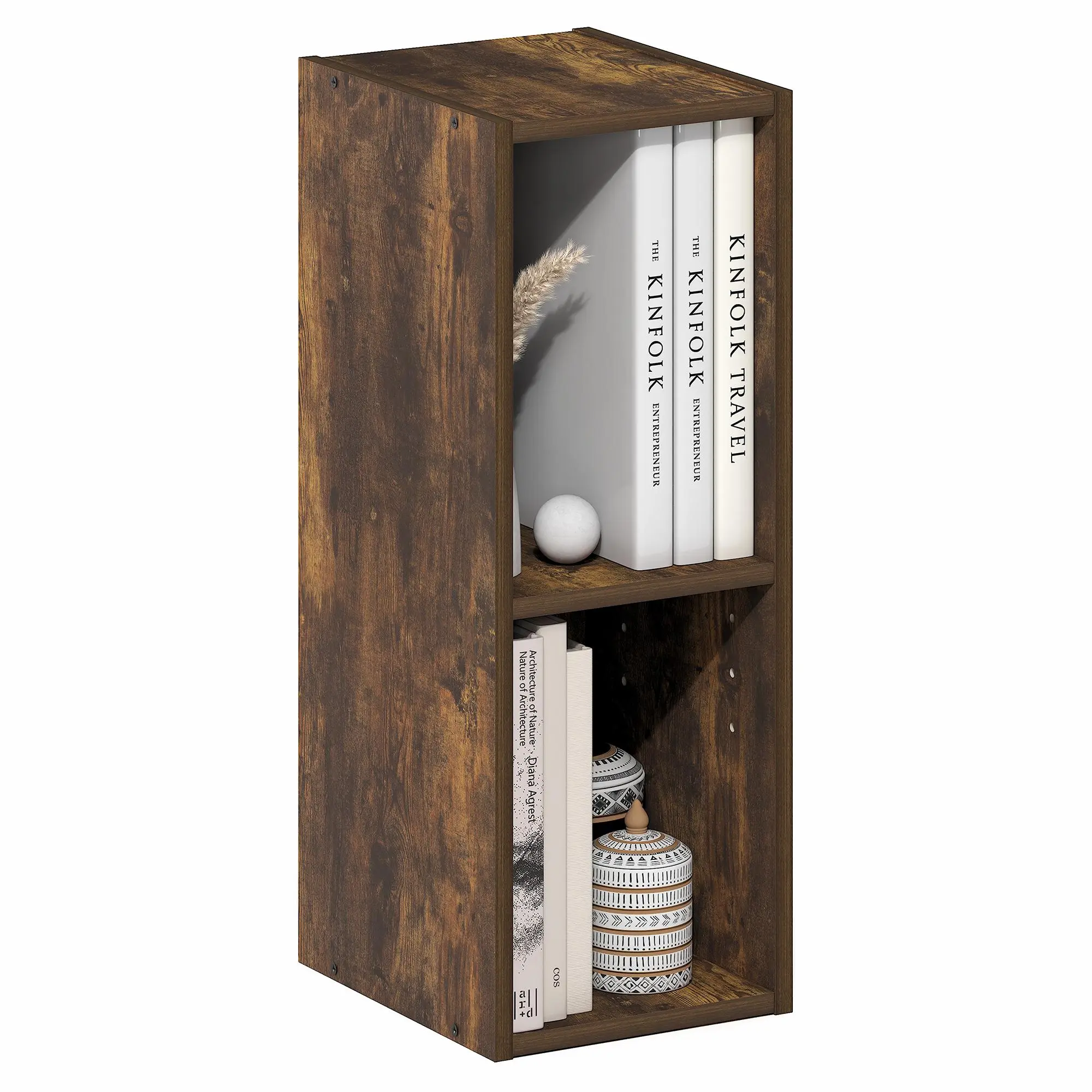 FULDA 2-Tier Modern Slim Narrow Open Shelving Bookshelf, 8-In Wide Storage System Shelf for Small Apartments (9.3x7.9x21.2 in, 10 lbs per shelf), Organizer for Living Room, Home Office, Amber Pine