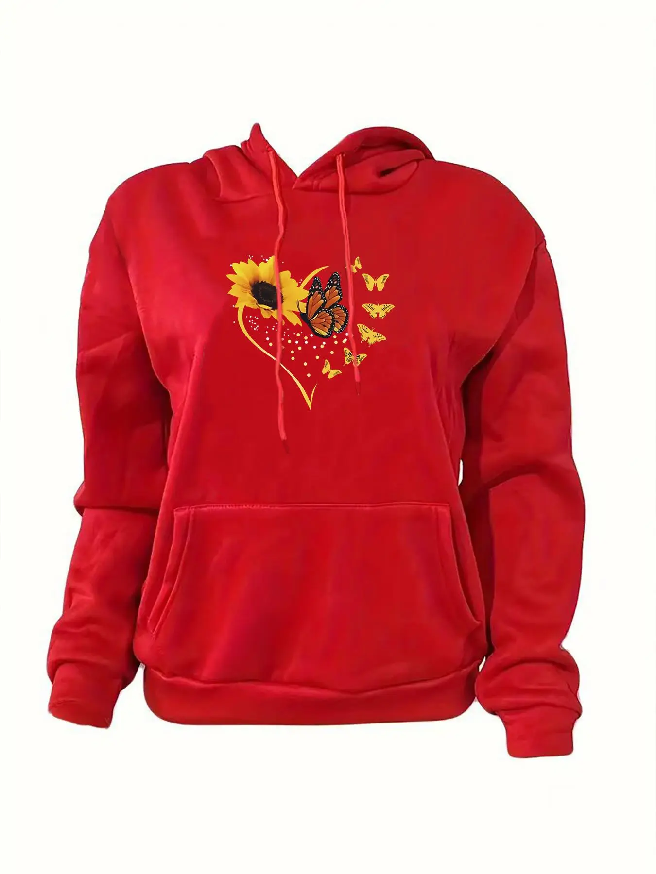 Women's Butterfly & Heart Print Drawstring Pocket Thermal Lined Hoodie, Fashion Casual Long Sleeve Hooded Sweatshirt for Daily Holiday Outdoor Wear, Women Clothing for Fall & Winter