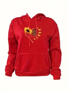 Women's Butterfly & Heart Print Drawstring Pocket Thermal Lined Hoodie, Fashion Casual Long Sleeve Hooded Sweatshirt for Daily Holiday Outdoor Wear, Women Clothing for Fall & Winter