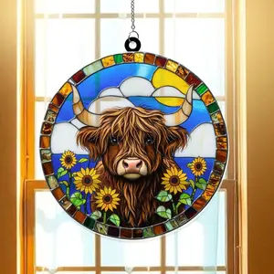 Rustic Sunflower-Print Colorful Highland Cow Glossy Glass Suncatcher with Metal Accents, Light-Reflective Hangable Light Decoration for Window, Farmhouse Country Home Art, Western Gift Idea