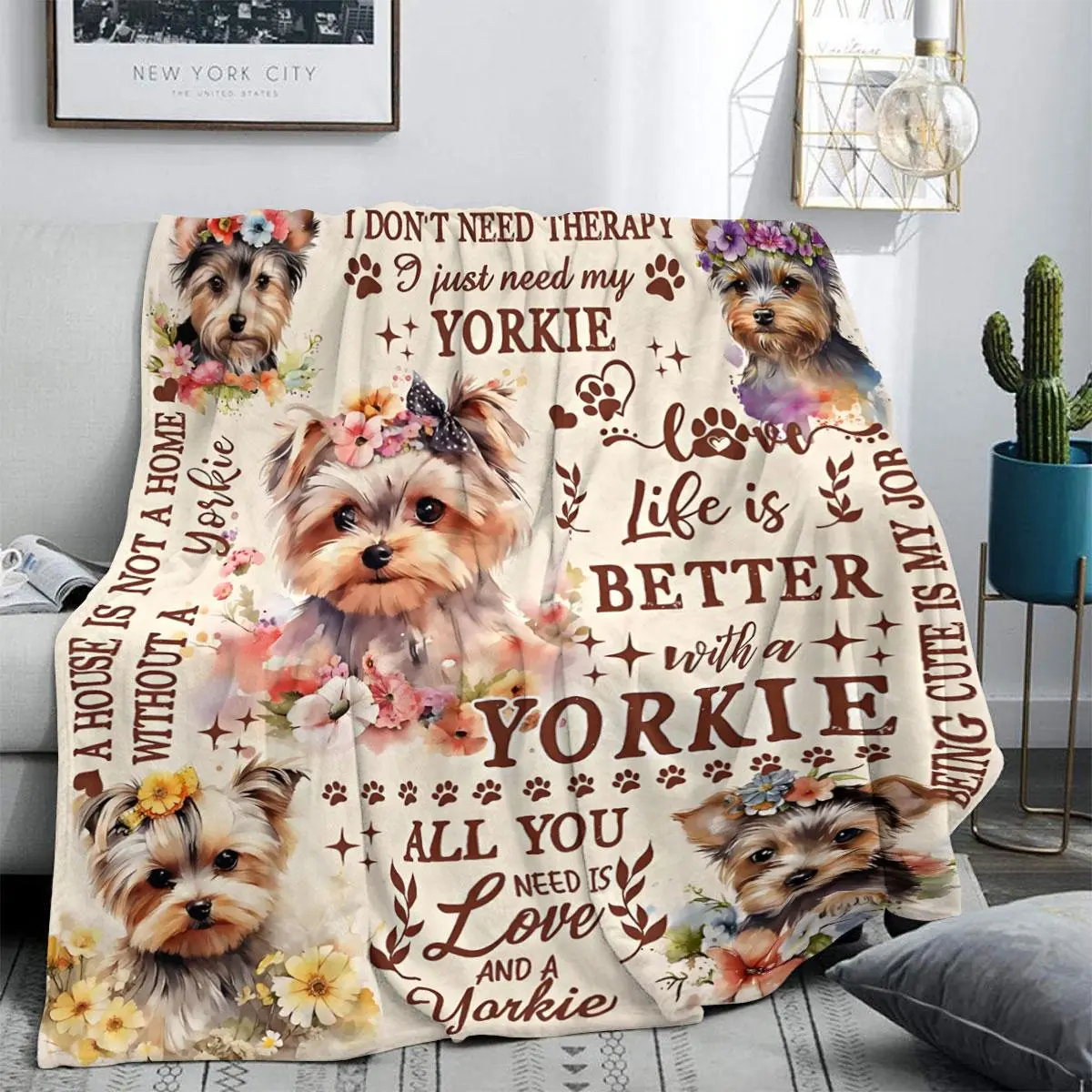 Yorkshire Terrier Pattern Blanket, 1 Count Lovely Dog Pattern Soft Warm Throw, Air-conditioned Room Blanket, Warm Nap Blanket for Home & Office, Cozy Blanket, Soft Warming Blanket