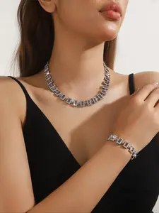 Fashion Luxury Hip Hop Cuban Artificial Crystal Rhombic Necklace Bracelet Set, Trendy Jewelry for Women and Men, Stylish Accessory
