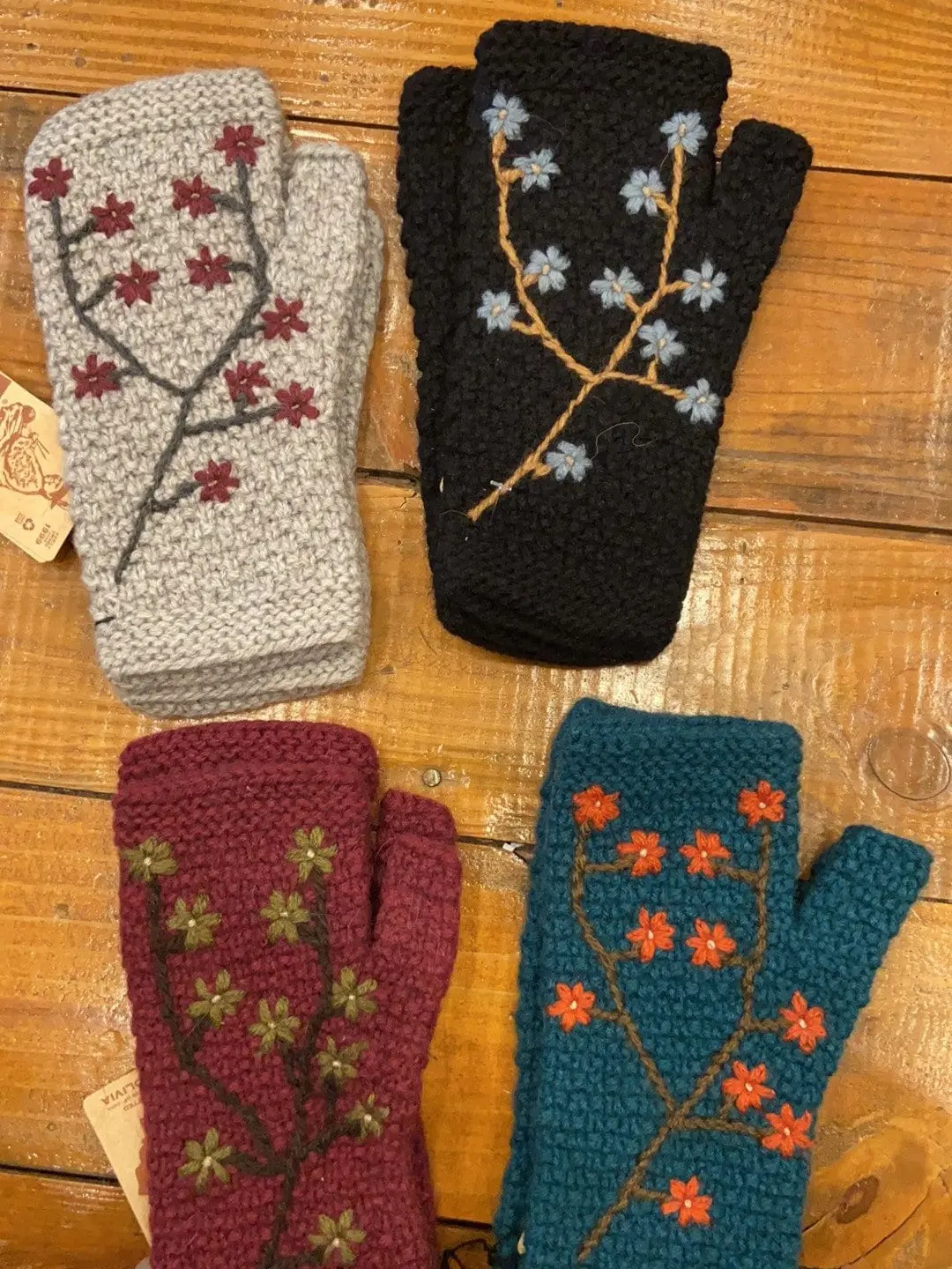 Hand-Knit 17% Alpaca Wool Fingerless Women's Gloves with Embroidered Flowers, Arm Hand Warmers, Gray Teal Black Wine