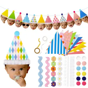 DIY 1st Birthday Photo Banner Kit, First Birthday Party Decorations, Unisex, Includes 12 Triangle Flags & Accessories, Customizable Portrait Decoration, Self-Print & Assemble