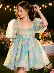 Vintage Bubble Sleeve Square Neck Organza Mini Dress, Macaron Color Abstract Print Doll Style Party Dress, Short Sleeve All Seasons Formal Attire