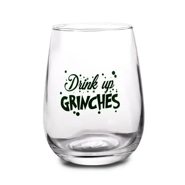Printed Grinch Graphic Stemless Wine Glass - 412 ml Adult Collectible Beverage Drinkware, Multi-Use Kitchen Glass for Cocktail Party Movie Lovers, Serving Beer Cocktails