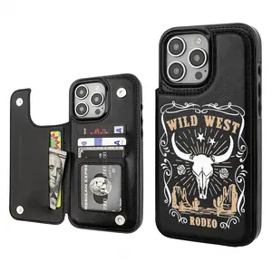 Beer Cow Cowboy Creative Trendy Vintage Western Style Card Holder Wallet Aesthetic Pattern Black Casing For iphone 17 16 15 14 13 12 Air Pro Max Plus PU Leather Stylish Gift Shockproof Protection Anti-Drop Protective Protector Phone Cases Shell Cover