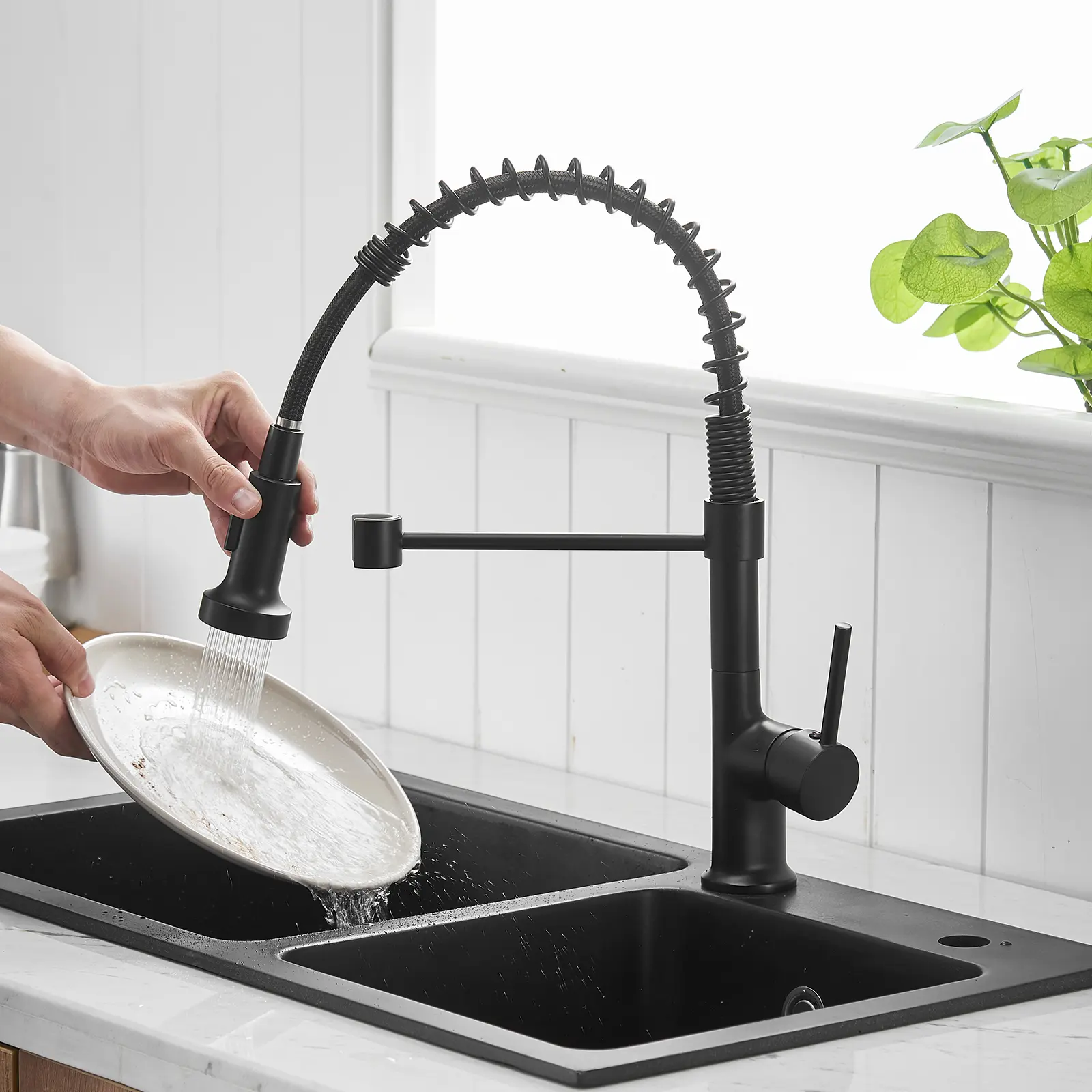 Commercial Black Pull-Down Single-Handle Kitchen Faucet, High Arc Swivel, Lead-Free Brass Construction, Leak-Tight Seal