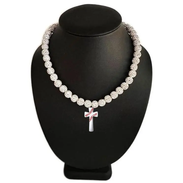 Iced Disco Ball Crystal Bead Baseball Necklace Silver Snow w/ Cross Baseball Stitch Pendant