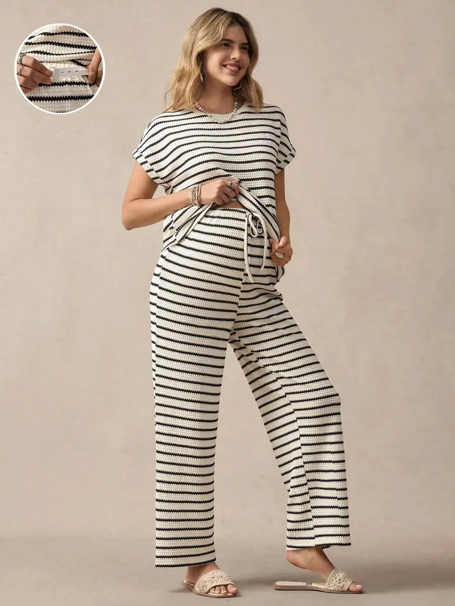 MaterniRIO Mama 2pcs/Set Maternity Short Sleeve Striped Top And Pants, Simple Fashionable Casual Everyday Wear