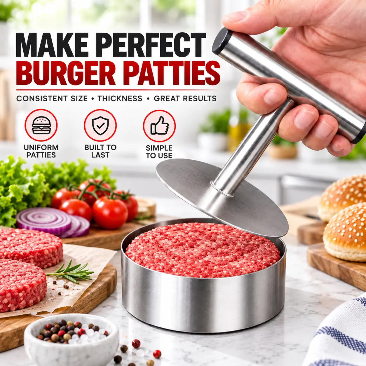 Stainless Steel Burger Press with Round Patty Mold, Reusable Hamburger Patty Maker for Beef, Chicken & Sausage, BBQ Grilling & Kitchen Food Prep Tool
