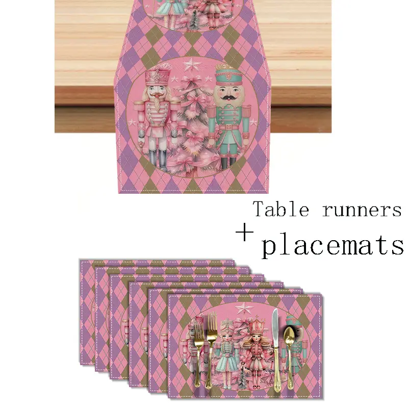 Cute Christmas, Table Runners And Placemats Set, Pink Nutcracker And Ballet Girl Pattern, Holiday Dining Table Decoration, 7 Piece Table Mat Set