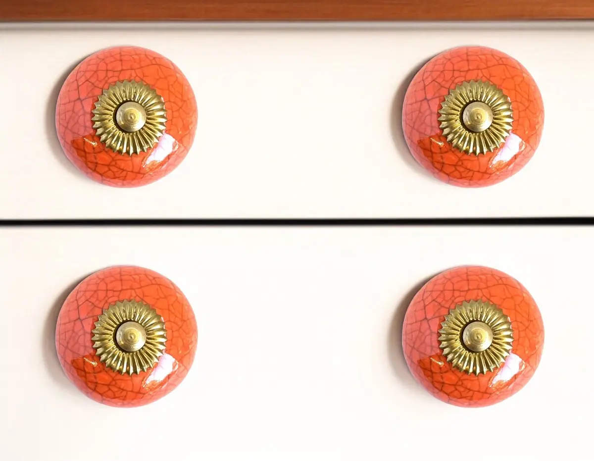 HomeRoots Coral & Gold Ceramic Drawer Pull Knobs - 6-Piece Artisan-Made Hand-Painted Set, Hardware That Includes Screws, One Size