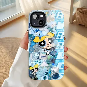 Bubbles The Powerpuff Girls Adorable Cartoon Phone Case with Sparkly Bubbles & Stars Durable Shockproof Cover Compatible with iPhone 11/12/13/14/15/16 (Pro Max/Plus) for Youth Anime Fans Cartoon Lovers Trendy Blue Design Protection Casing
