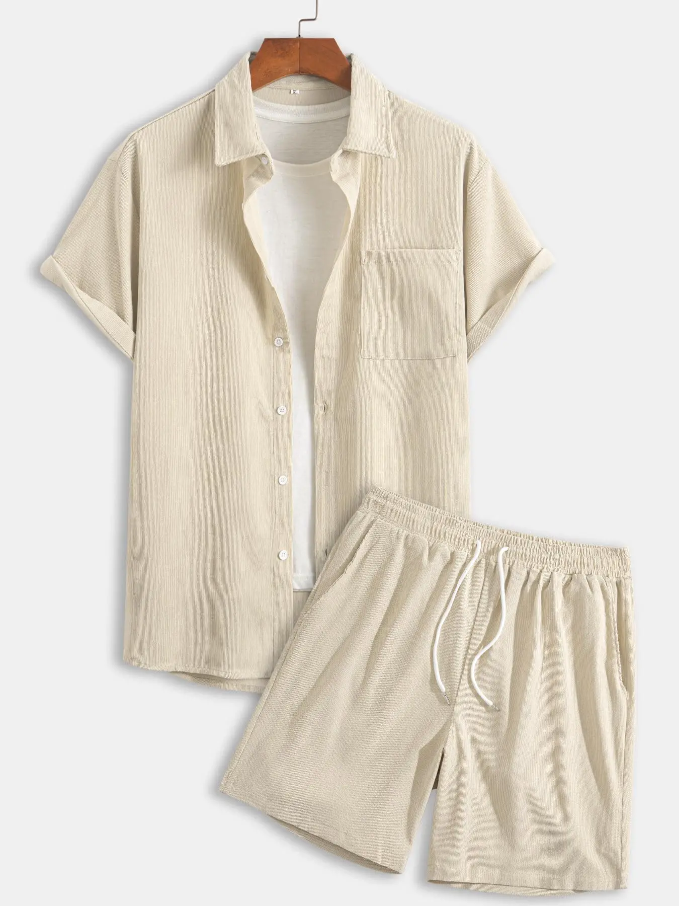 Two-piece Set Men's Solid Button Front Shortsleeve Shirt & Drawstring Waist Shorts Corduroy Set without Tee, Regular Fit Casual Relaxed Short Sleeve C