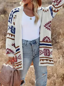 Plus Size Ethnic Pattern Drop Shoulder Pocket Cardigan, Casual Long Sleeve Open Front Knitwear for Spring & Fall, Women's Plus Clothing for Daily Wear