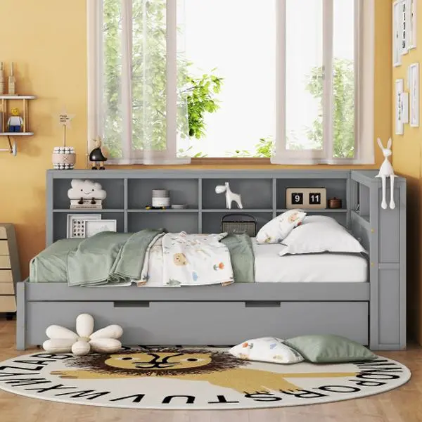 Bellemave Wooden Full Size Daybed with Twin Trundle, Storage Shelf, USB Charging Ports, USB Charging Station, 83.9" L x 63.3" W x 36.6" H White/Grey Pine Wood MDF Frame Storage Bed, Humidity-Resistant, Assembly Required, Space-Saving for Families, Resista