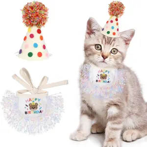 Cat Birthday Hat and Bandana Scarf, Cat Birthday Outfit Party Hat Dog Costumes Cute Lace Puppy Bib Scarf Party Decorations Set for Small Medium Cats & Doggy