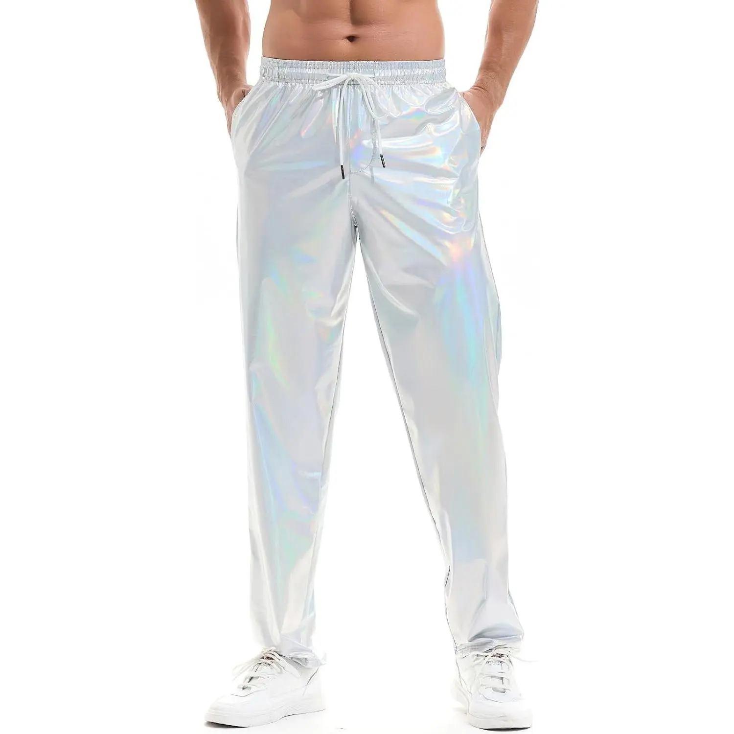 Mens Shiny Metallic Pants, Straight Leg with Pockets | Bronzing Fabric, Holographic, Sparkly, Elastic Waist, Drawstring, Open Bottom, Party, Rave, Disco, Club, Cosplay, Hand Wash