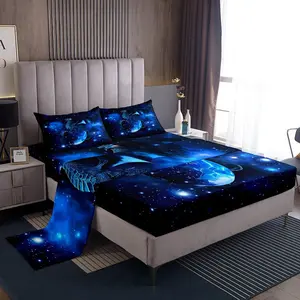 Feelyou Galaxy Theme Bedsheet Set - Chic Outer Space Starry Sky Luxury Soft Bedding Set with Jungle Animals & Dragon Designs, Blue Black Home Linens, Bedsheet Sets