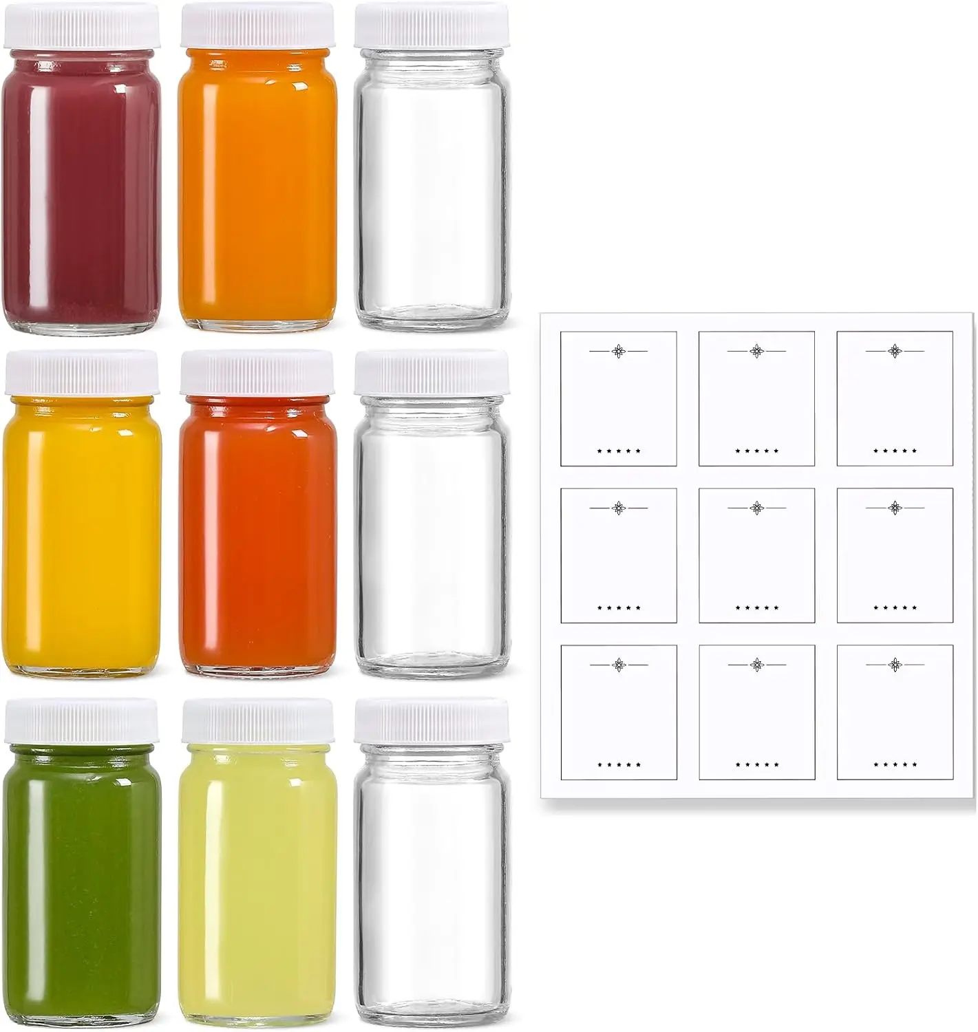 9 Pack 2 oz Glass Shot Bottles w/ White  & 9 Labels - Small Clear Jar for Ginger, Wellness Shot, Juice, Sample,  - Travel Essentials Mini Bottles - Wide Mouth, Leakproof, Dishwasher Safe