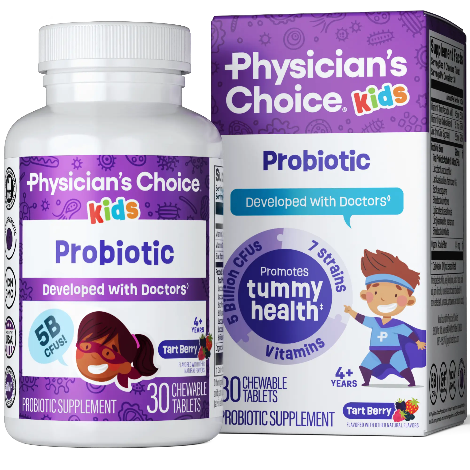 Physician's Choice Kids Probiotic with Zinc, Natural Vitamins, and Organic Prebiotics - Supports Digestive & Immune Health - Berry Flavored Chewable