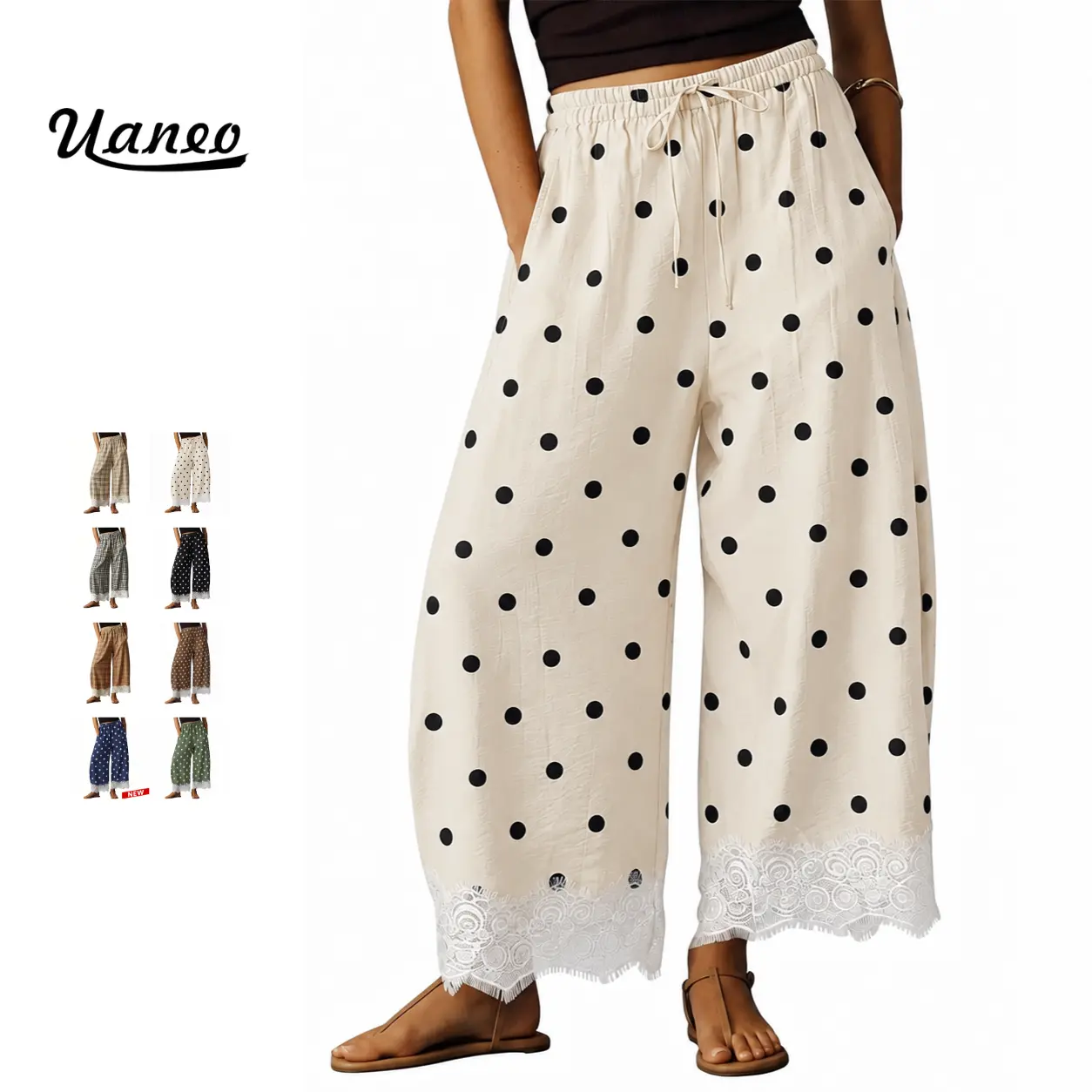 UANEO Womens Polka Dot Wide Leg Palazzo Pants High Waisted Summer Lace Trim Cropped Baggy Trousers with Pockets