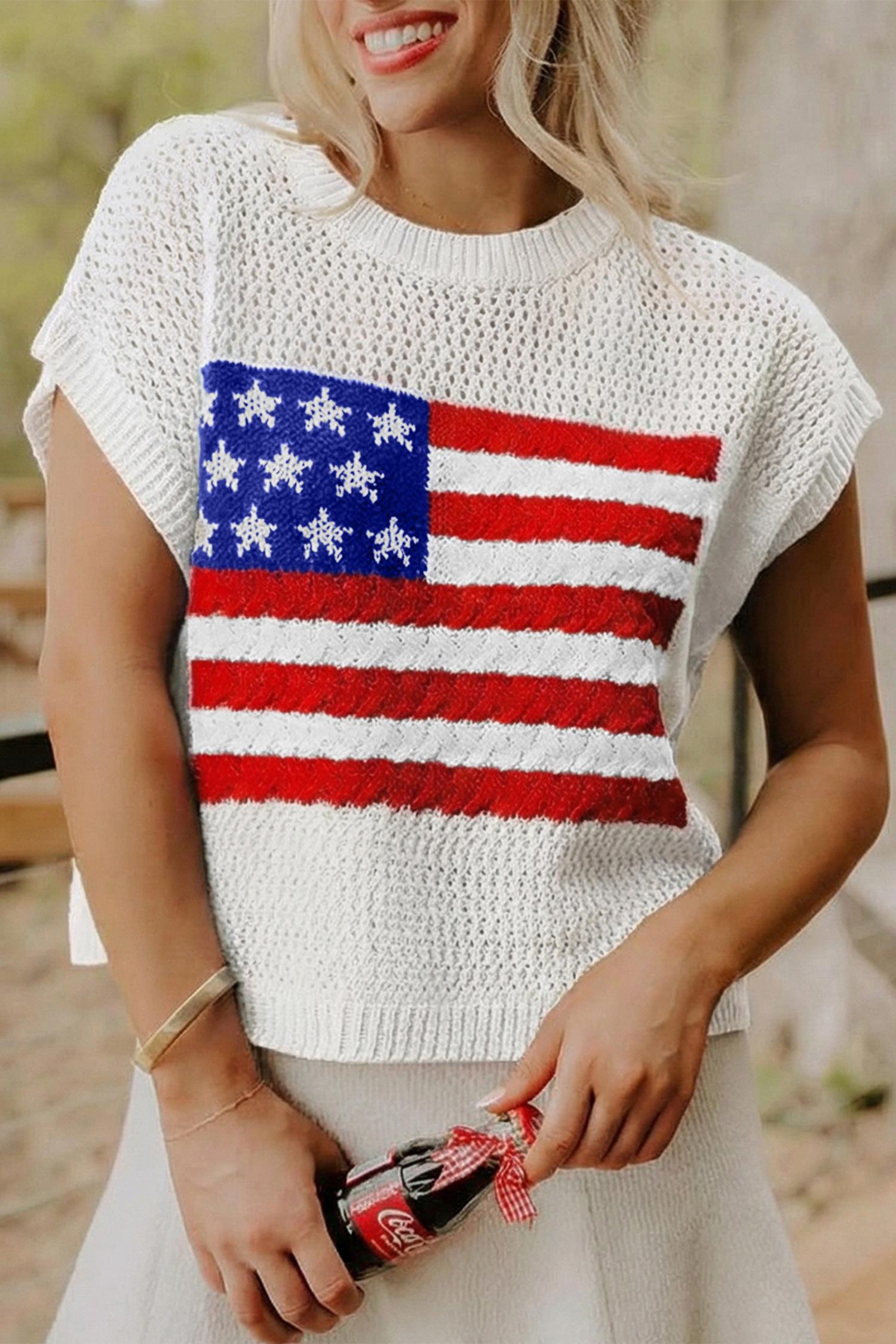 Mntaor Women's American Flag Graphic Relaxed Fit Short Sleeve Knit Sweater Top for Independence Day Festivals & Casual Streetwear Knitwear - Womenswear