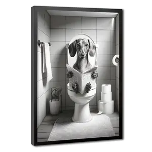 1 Piece Funny Dachshund On Toilet Reading Newspaper Canvas Wall Art, Humorous Dog Poster Print, Black And White Bathroom Wall Decor