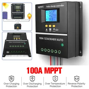 100A MPPT Solar Charge Controller with LCD Display,  Auto Tracking, Compatible with Lead-acid Batteries, Ternary Lithium Batteries, Lithium Iron Phosphate Batteries, Suitable for Off Grid Solar Systems, RVs, Ships, Without Battery