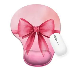 Soft Watercolor Pink Bow Design Silicone Wrist Rest Mouse Pad 8.98*7.56inch Ergonomic Comfort for Office Home Use A Wonderful Gift
