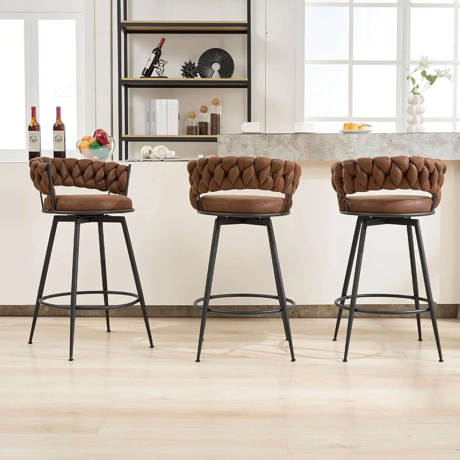FUNCOLOR HOME Braided Weave 360° Swivel Rolling Barstools (Set of 2-3) - 24-28 in Counter Height Fabric-Upholstered Dining Room Chairs, Metal Frame, 16.14"d x 16.14"w for Kitchen Island, Home Bar Decor