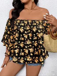 Plus Size Women's Floral Pattern One Shoulder Top, Summer Casual Commuter Wear, Vacation, Comfortable Daily Clothing