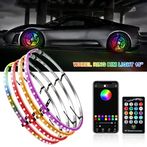 4Pcs 15in Car Wheel Rim LED Ring Lights, Waterproof RGB Color-Changing Decor Kit with App & RF Remote for SUV, Truck Automotive Decorative Lighting Accessories