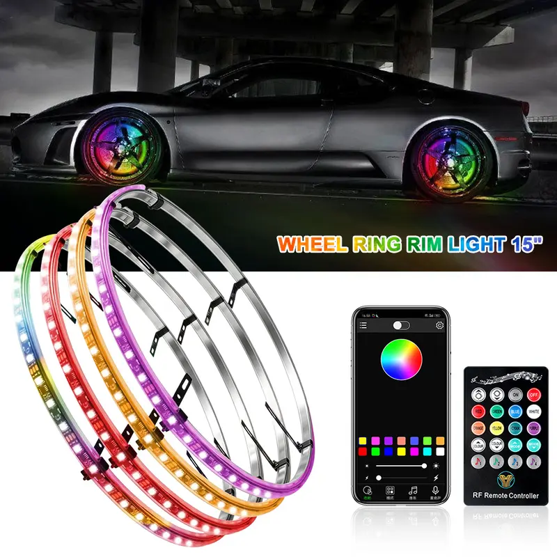 4Pcs 15in Car Wheel Rim LED Ring Lights, Waterproof RGB Color-Changing Decor Kit with App & RF Remote for SUV, Truck Automotive Decorative Lighting Accessories