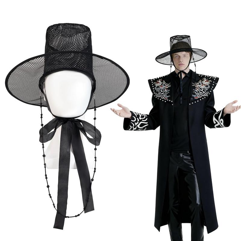 Korean Gat Hat Cosplay Accessory – Traditional Joseon Dynasty Black Mesh Hat with Beaded Chains & Ribbon | Kpop Idol Style Costume Hat for Men, Party & Stage Performance Womenswear Clothes