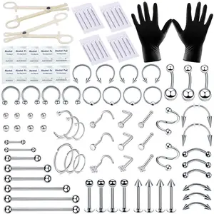TKKUY 94PCS Mixed-pack Piercing Kits for All Body Piercings Stainless Steel 14G 16G 20G and Needle with Tools Nose Septum Lip Ear Belly Button Cartilage Tragus