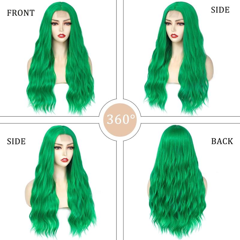 Green Wig Long Wavy Wigs for Women Middle Part 26 inch Natural Curly Synthetic Heat Resistant Fiber Wigs for Daily Party Use