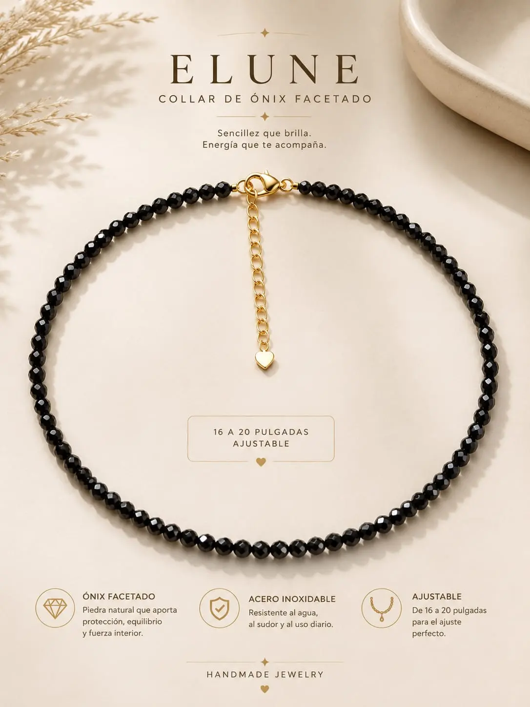 Minimalist Natural Onyx Necklace on an Invisible Cord, Elegant Water-Resistant Jewelry for Daily Wear with an Adjustable Gold-Plated 925 Silver Clasp, Unisex