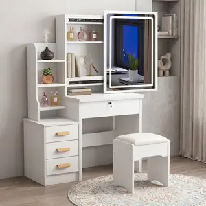 34.8 Inch White Sliding LED Lighted Vanity Desk Set With Stool Touch Control 3 Color Adjustable Light 4 Drawers Storage Shelves Modern Space Saving Makeup Dressing Table Ideal Gift For Women Girls