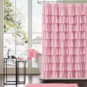 1pc Elegant Pink Ruffled Polyester Shower Curtain - 72x72 Inch, Machine Washable, Washable Fabric, Decorative Eyelet Design for Bathroom, Bathroom Decor | Ruffled Texture | Washable Fabric, Shower Curtains for Bathroom