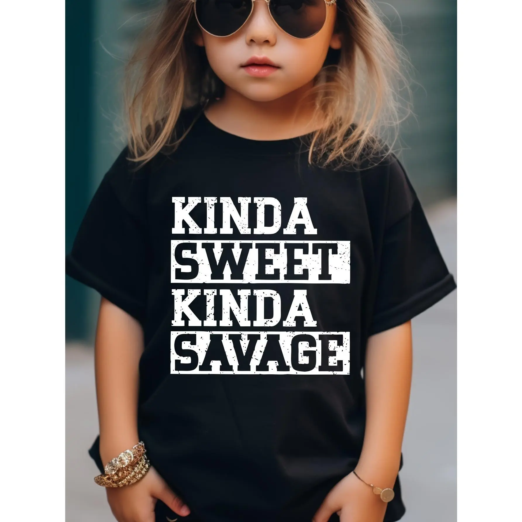 Girls' Toddler Short-Sleeve Round-Neck Graphic Tee - Kids Clothing Girls, "Kinda Sweet Kinda Savage" Print, Summer Outdoor Gift Top