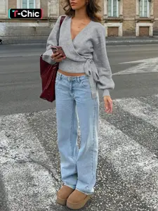 Women's Solid Color Fitted Drop-Shoulder Tie-Front Lantern Sleeve Knitted Cardigan - Casual, Comfortable and Versatile, Knitwear, Long Sleeve