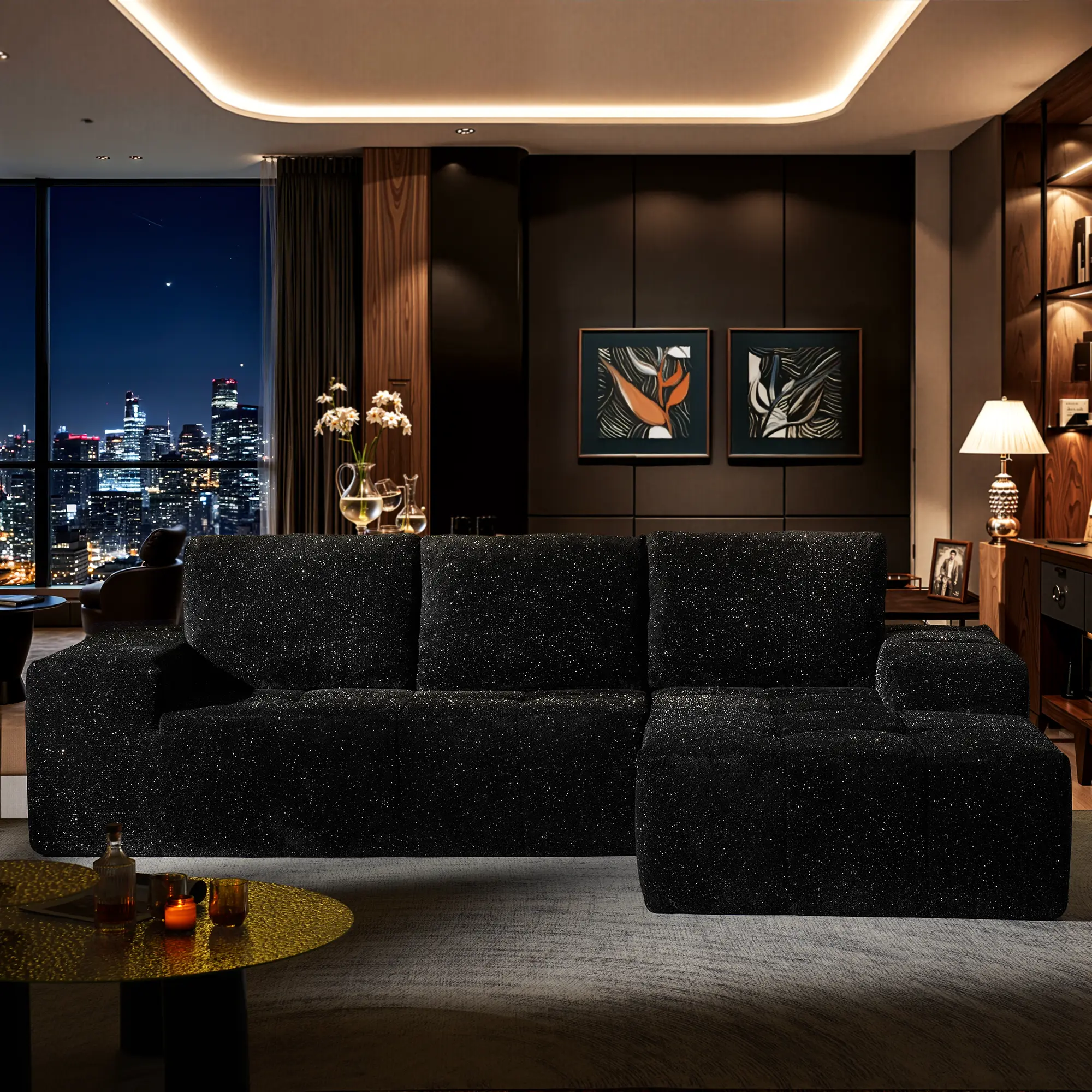 Obsidian Black Shimmer Plush Right Chaise