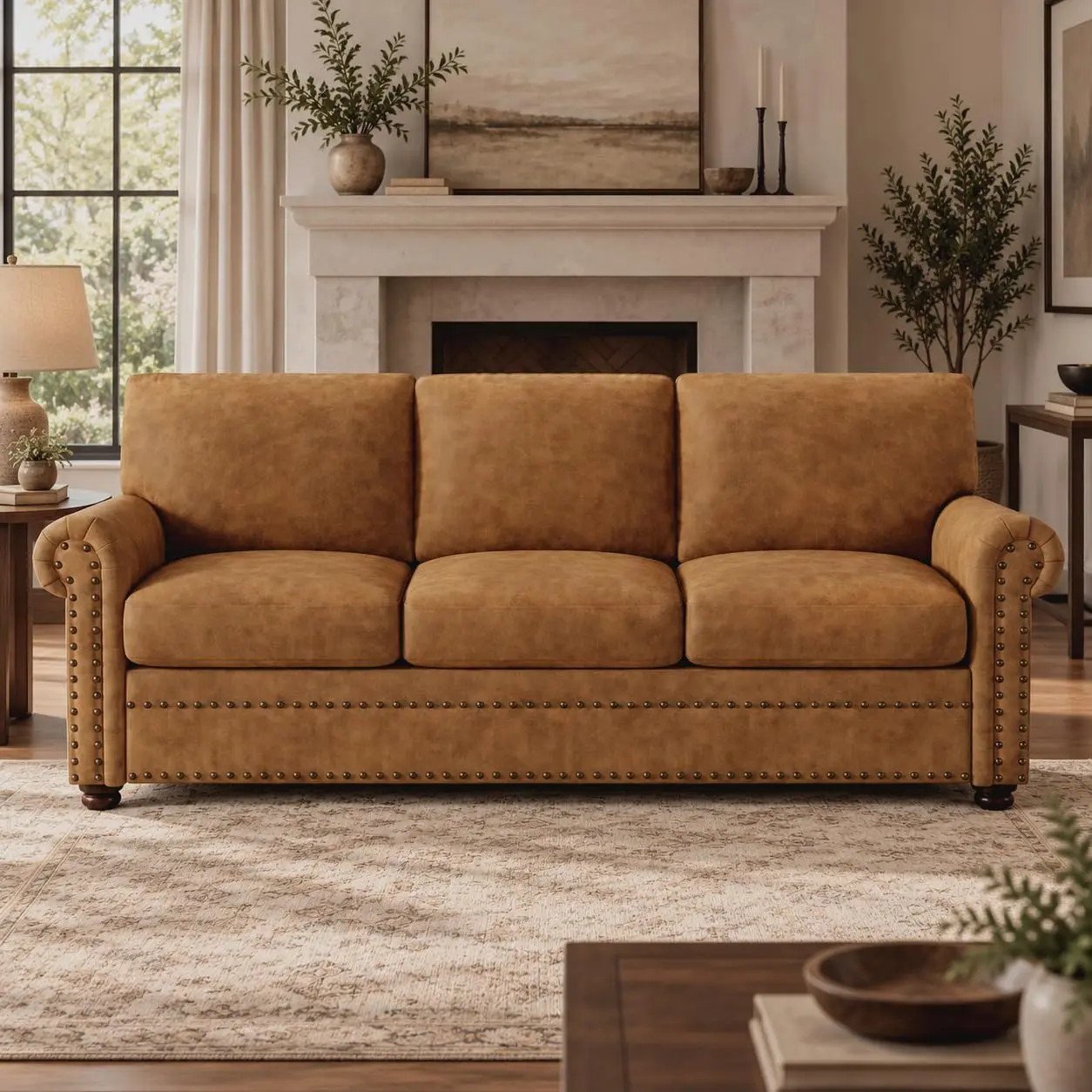 【Black Friday】ONBRILL 84'' Faux Leather Sofa, 3-Seater Mid-Century Modern Couch, Caramel