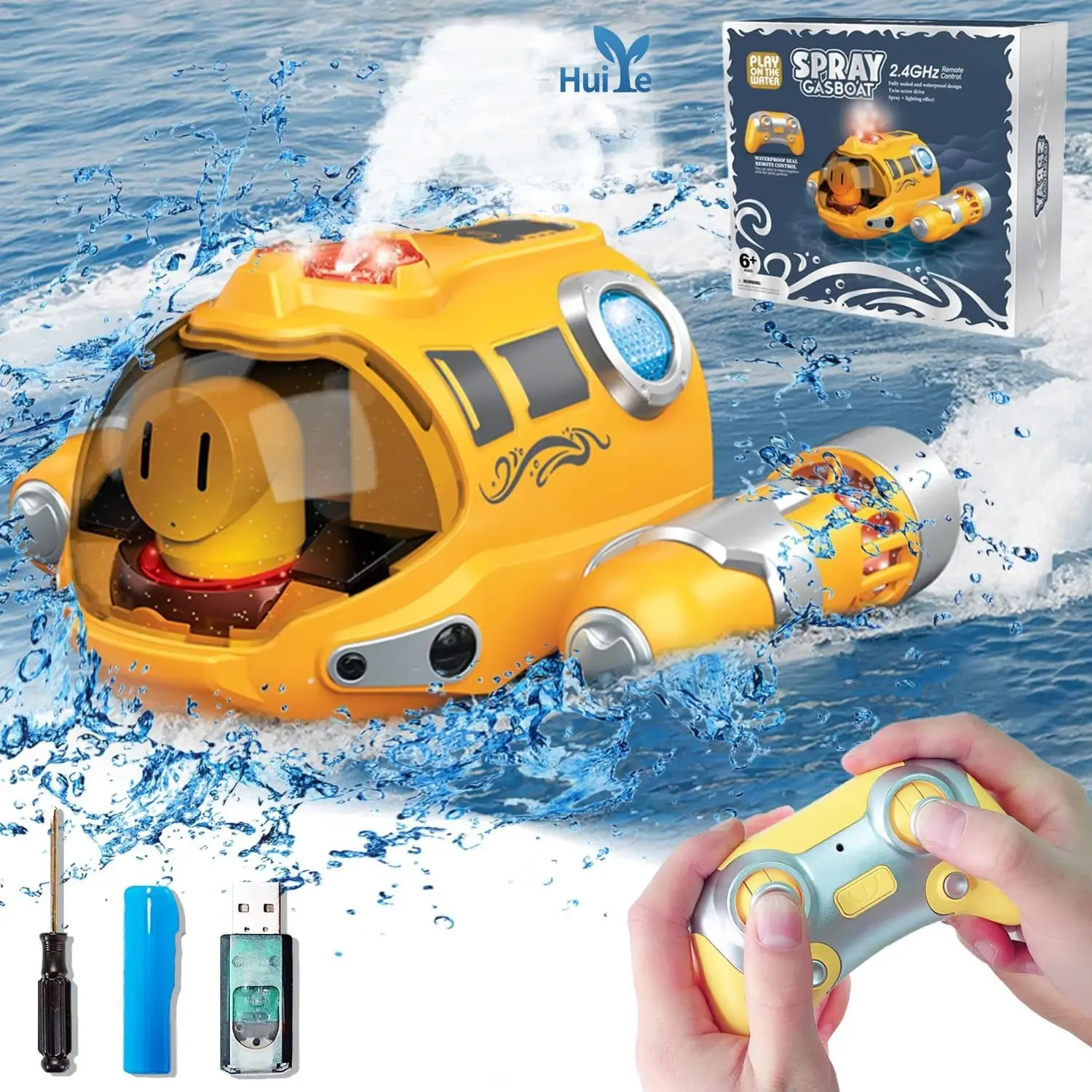 TODETANA Water Play 2.4GHz Remote Control Spray Gasboat Toy with One-Key Spray Toggle Cool Lights Dual Propeller Drive Auto-Demo Feature Red Yellow Design for Aquatic Adventures Best Holiday Birthday Gifts