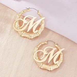 Personalized fashion bamboo circle earrings women's versatile English letter niche design stud earrings