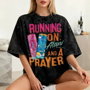 Alani Nu "Running On Alani And A Prayer" Oversized Washed Black T-Shirt, Fitness & Faith Outfit, Comfort Cotton Crew Neck Tee, Perfect Gift For Gym Lovers & Christian Women, Trendy Energy Drink Statement Top